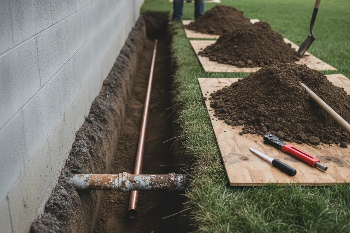 Excavated water line trench during Sewer Line Repair in South Bound Brook